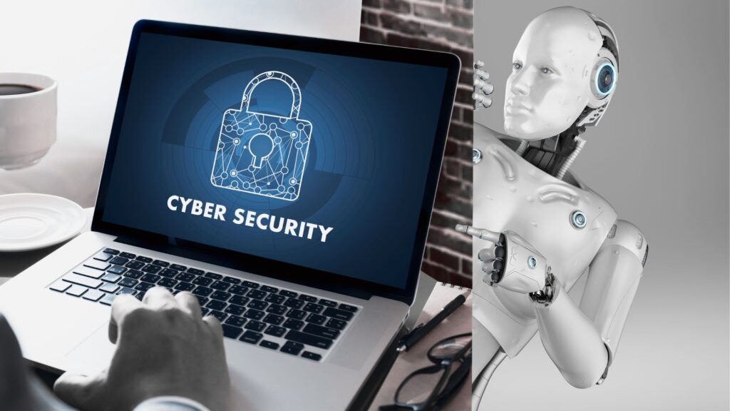 AI robot watching someone working on cyber security on their laptop