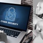 AI robot watching someone working on cyber security on their laptop