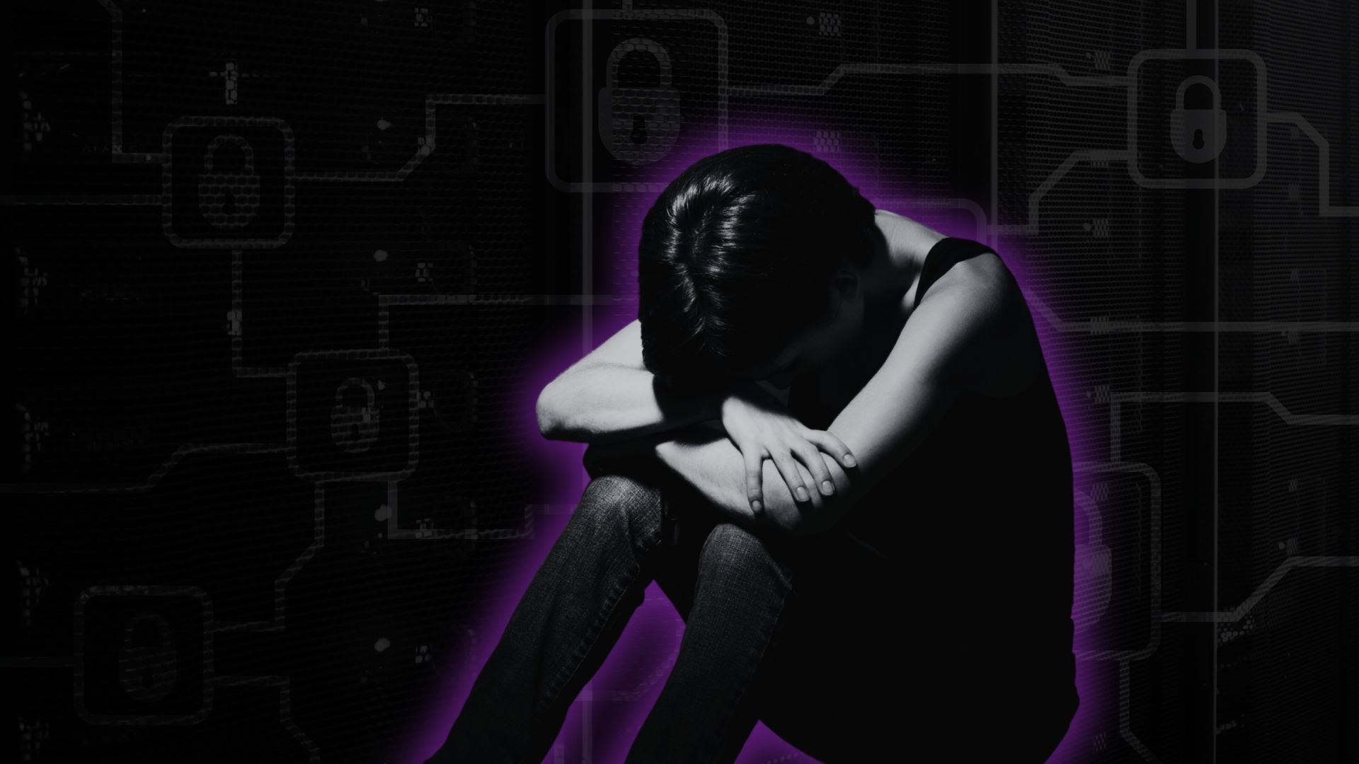 person holding head in lap in front of cyber background