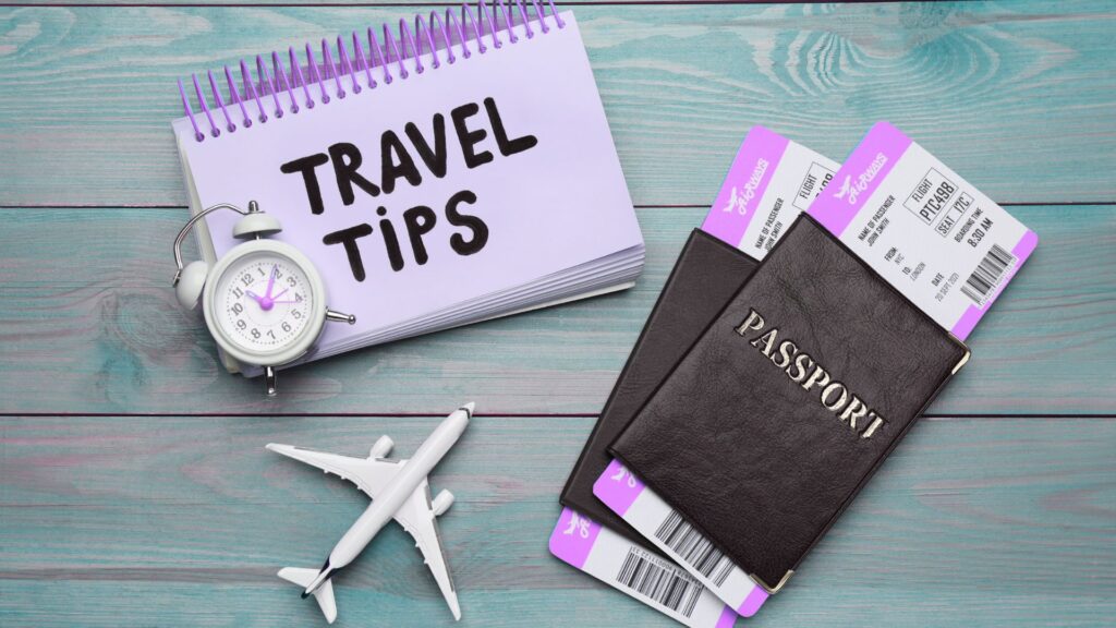 Travel tips, passports and plane figurine